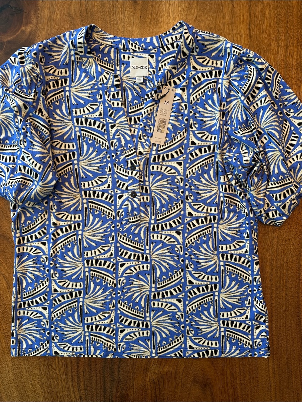 NIC+ZOE Blue White and Black Graphic Short-Sleeve Top